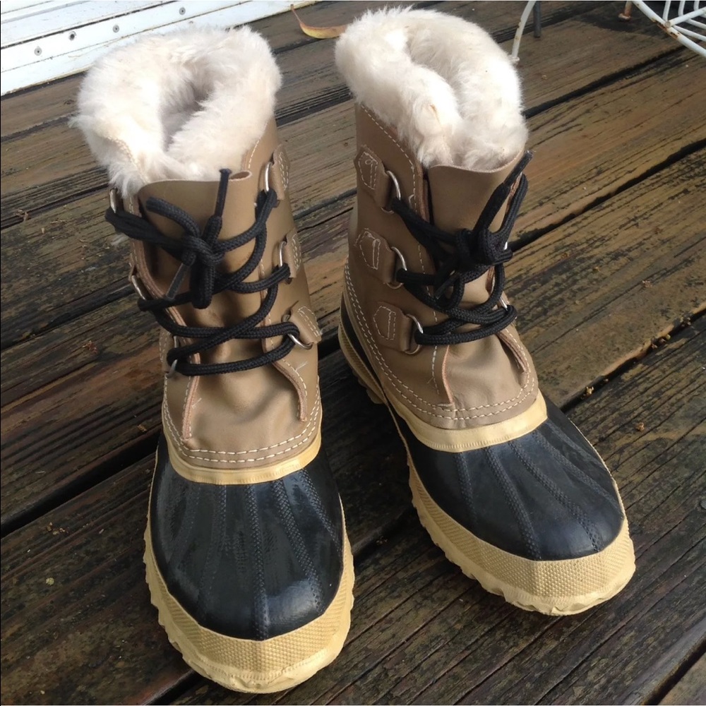 Sorel Boots Sz 5 Tan Light Brown Leather Faux Fur Trim Rain Winter Rubber Shoes